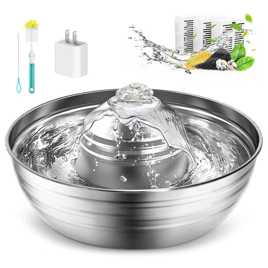 CW03 Cat Water Fountain 304 Stainless Steel, 2L/68Oz Quiet Cat Fountain for Cats Drinking, Dual Filtration Cat Water Bowl for Kittens, Silver